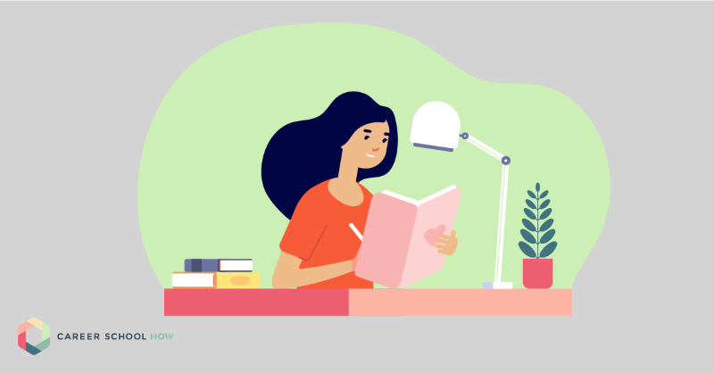 animation style graphic of woman sitting at a desk writing in a book by a lamp