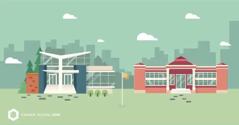 graphic art of a modern college and a trade school